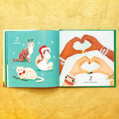 Inside page (2 hearts from hands & 3 cozy kitties)