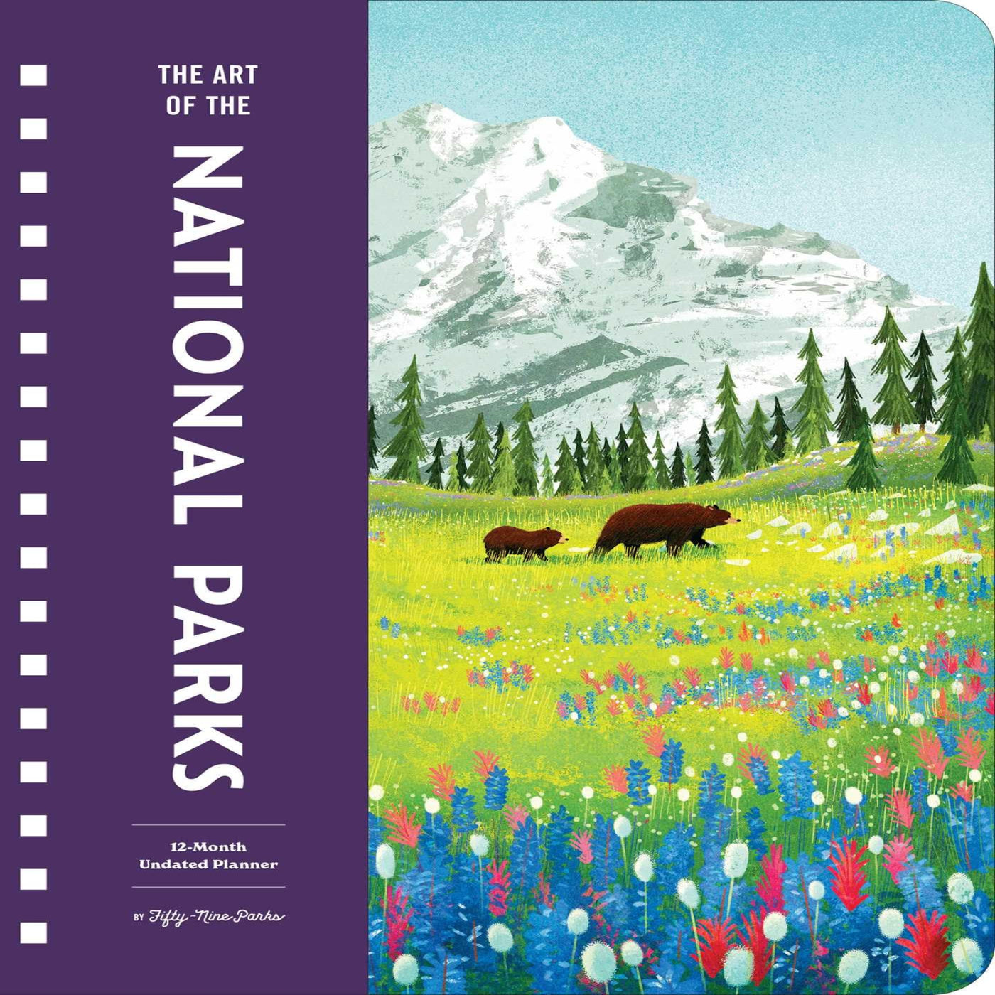 Cover of 'The Art of the National Parks Undated Planner' featuring an illustration of a meadow with wildflowers and two bears in the distance, with mountains and a clear sky in the background.