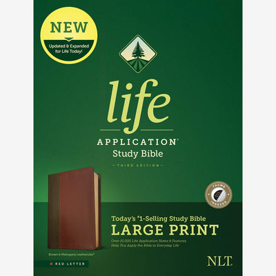 Tyndale NLT Life Application Study Bible, Third Edition, Large Print (LeatherLike, Brown/Mahogany, Indexed, Red Letter) – New Living Translation Bible, Large Print Study Bible for Enhanced Readability front cover