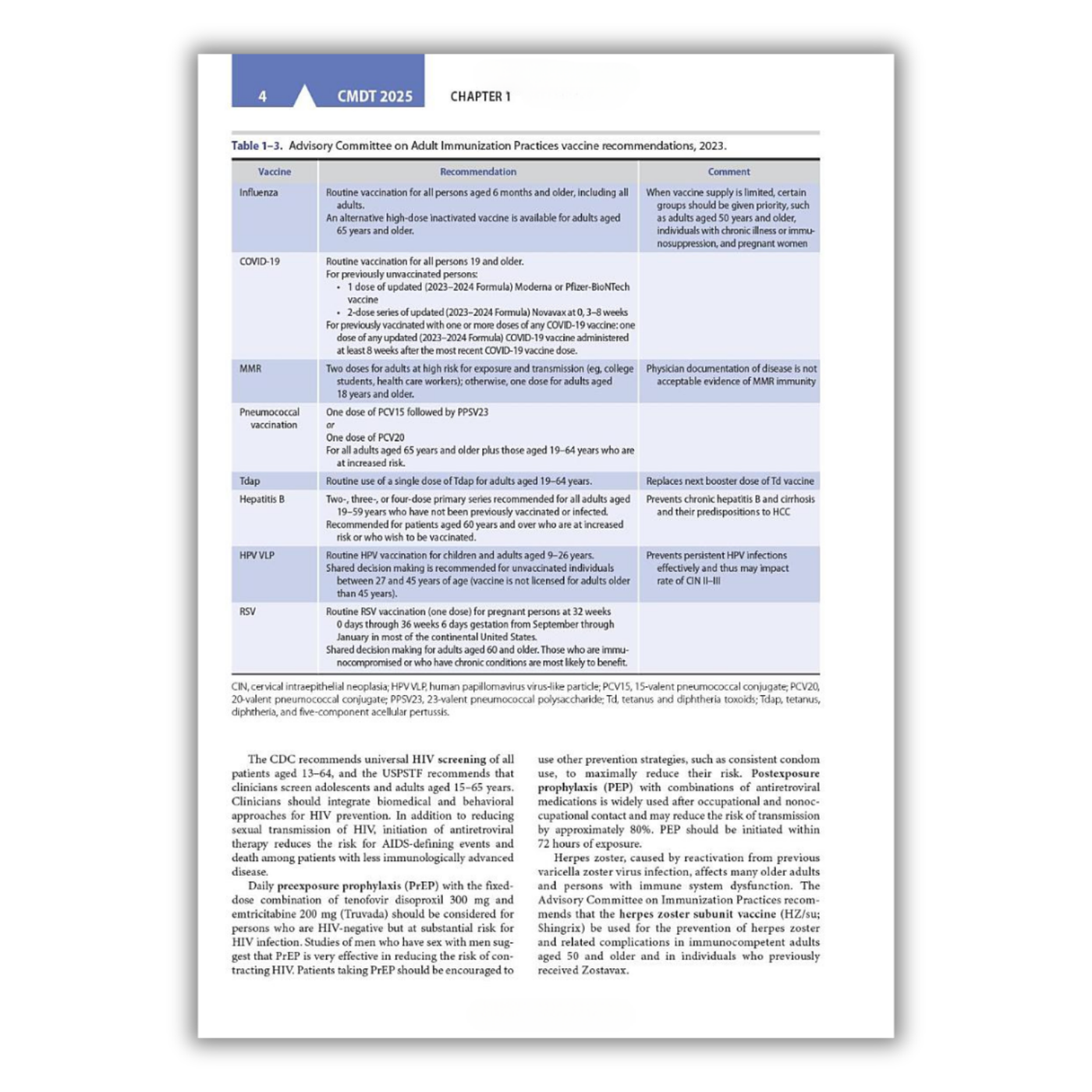 Page 4: Table 1 -3. Advisory Committee on Adult Immunization Practices vaccine recommendations, 2023 