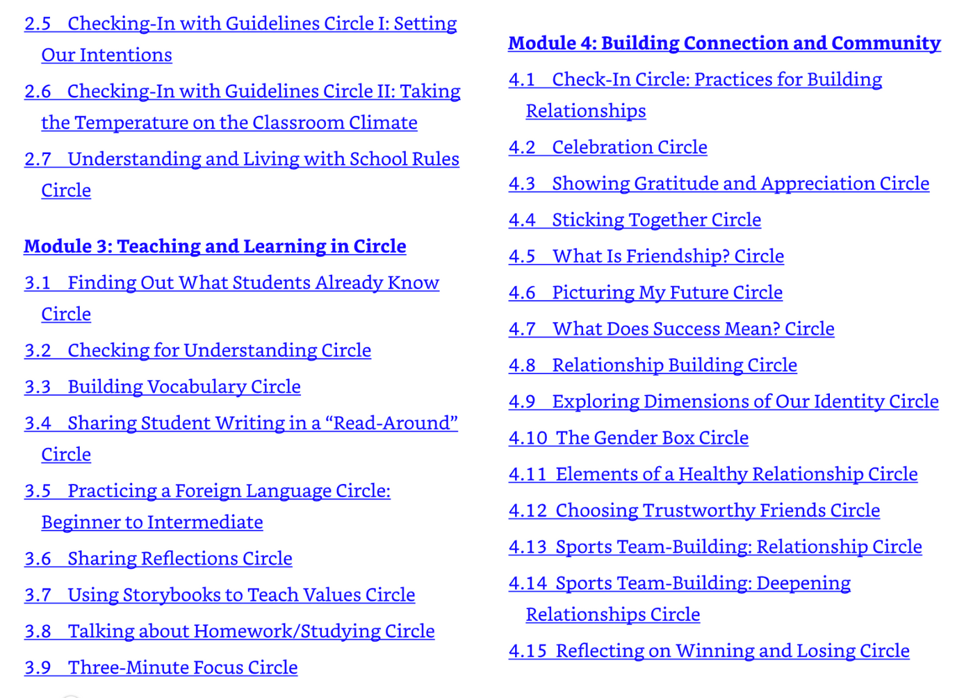 Table of Contents (Teaching and Learning in Circle & Building Connection and Community)