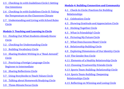 Table of Contents (Teaching and Learning in Circle & Building Connection and Community)