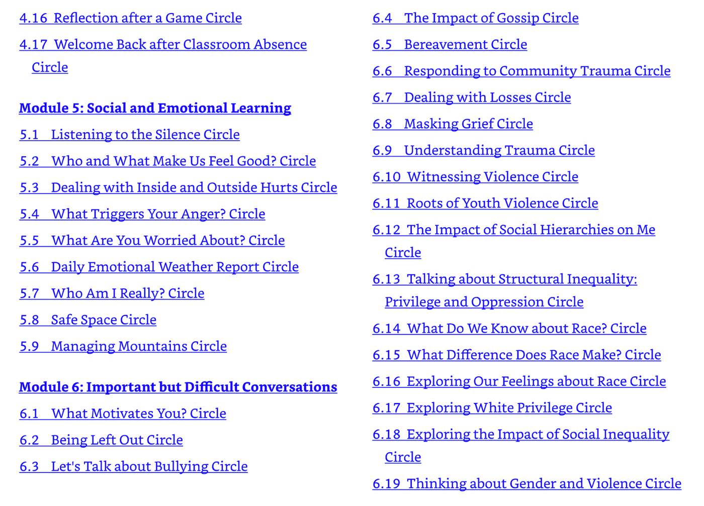 Table of Contents (Social and Emotional Learning & Important but DIfficult Conversations)