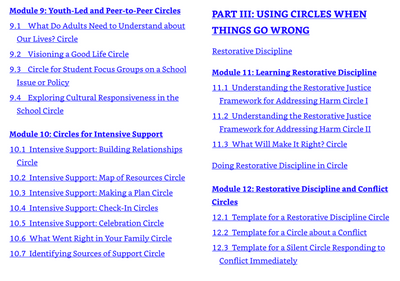 Table of Contents (Youth Led and Peer to Peer Circles, Circles for Intensive Support, Using Circles When Things Go Wrong, and Restorative Discipline and Conflict Circles)