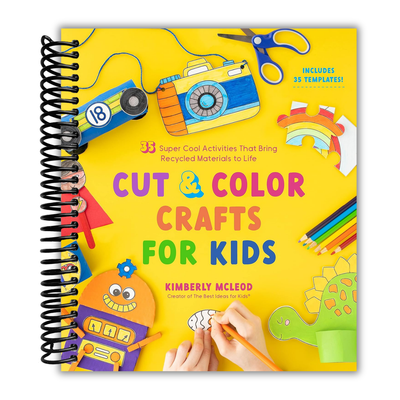 Book titled 'Cut & Color Crafts for Kids' with colorful illustrations on a yellow background