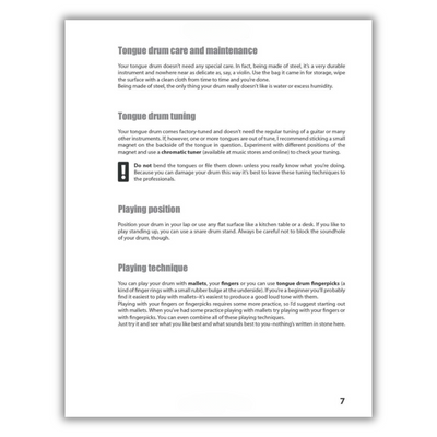 Page 7: Tongue drum care and maintenance, tuning, playing position, & playing technique