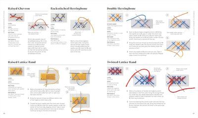 Raised Chevron, Backstitched Herringbone, Raised Lattice Band, Double Herringbone, and Twisted Lattice Band