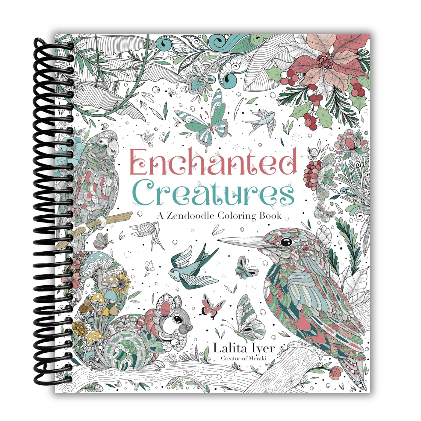Coloring book titled 'Enchanted Creatures' by Zendoodle on a white background