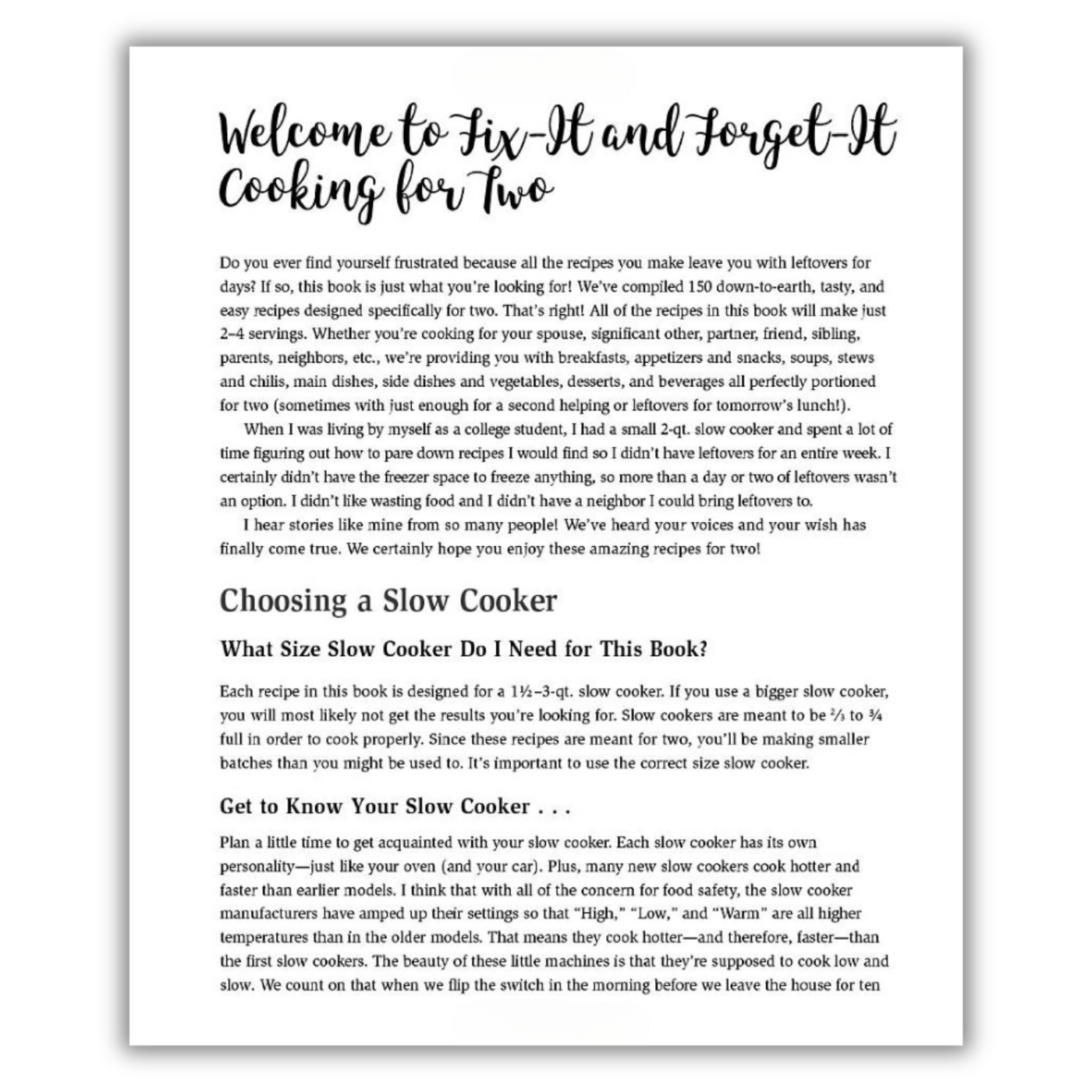 Welcome to Fix-It and Forget-It Cooking for Two (Includes a section on Choosing a Slow Cooker)