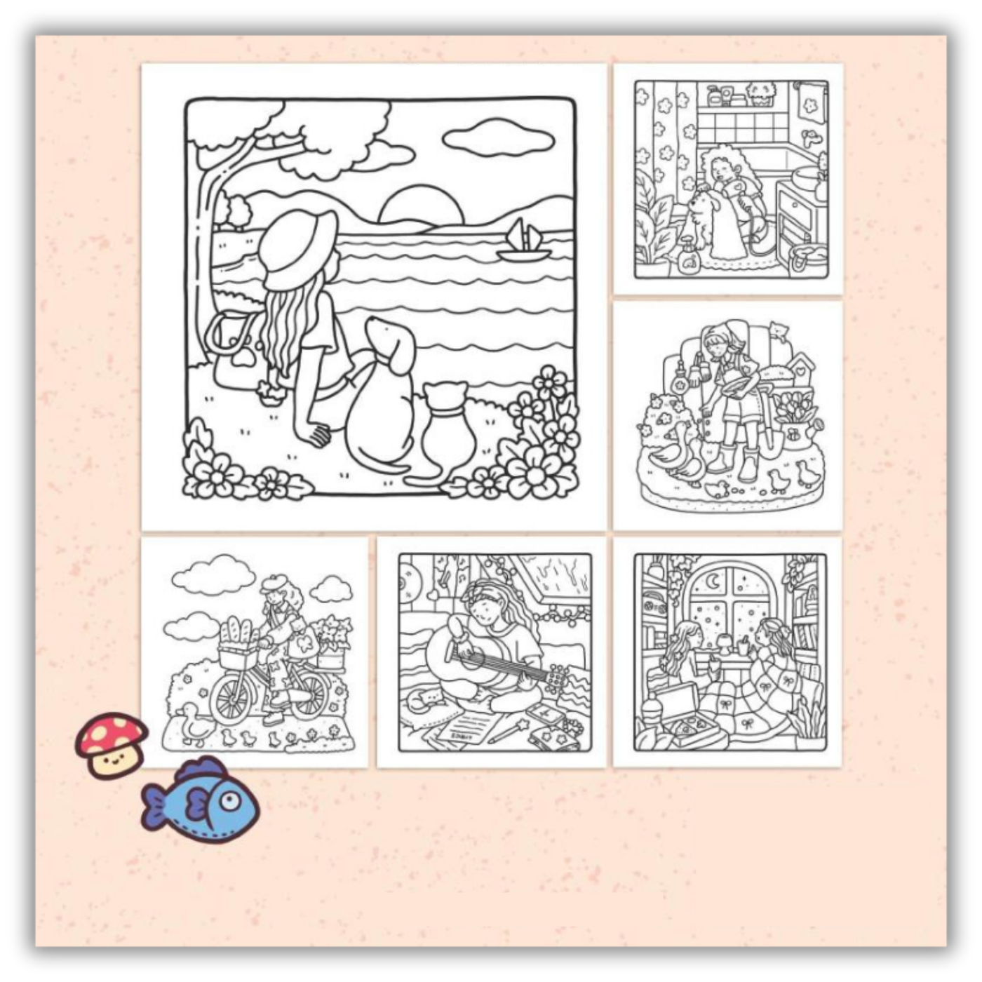 Back cover of Girl Moments: Coloring Book for Adults and Teens Featuring Cute Cozy Daily Activities for Relaxation (Spiral Bound)