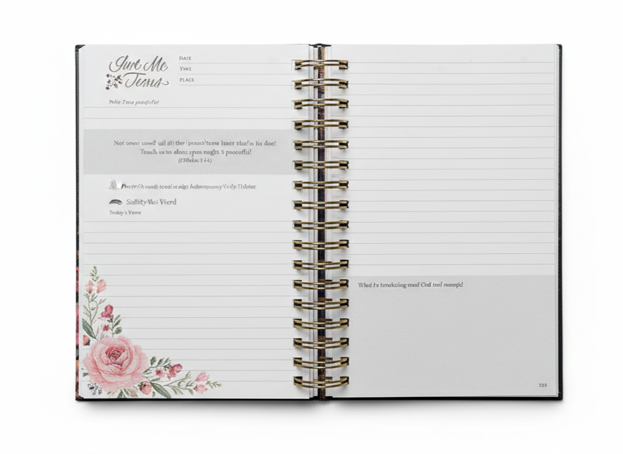 Open spiral-bound notebook with floral design on a white background