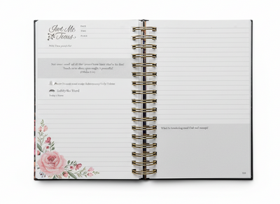 Open spiral-bound notebook with floral design on a white background