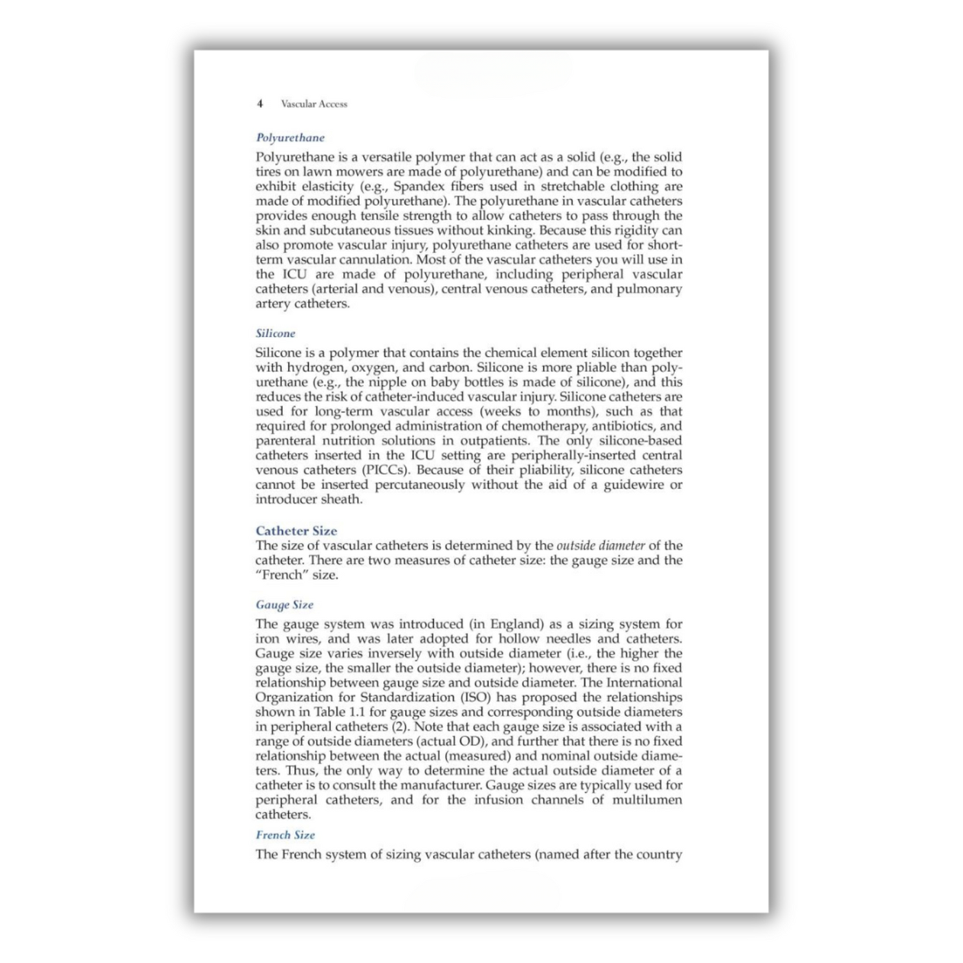 Page 4: Sections on Polyurethane, Silicone, and Catheter Size