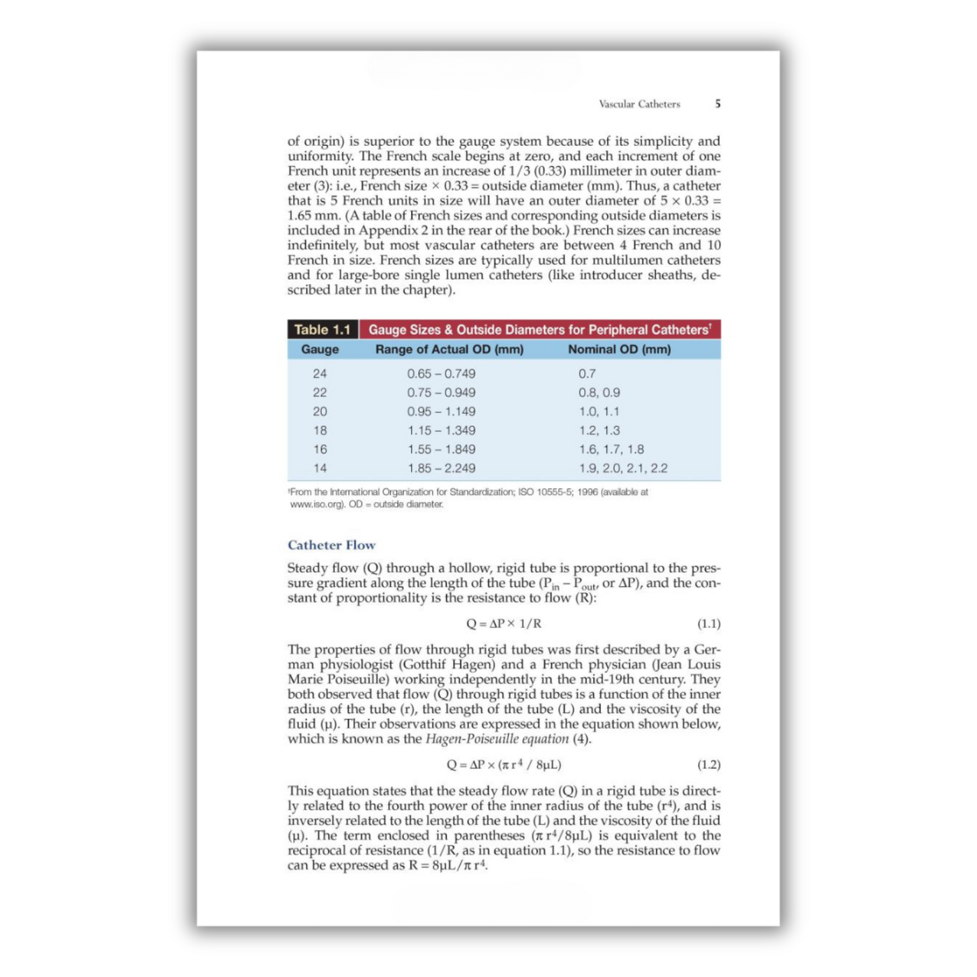 Page 5: A table showing Gauge Sizes & Outside Diameters for Peripheral Catheters, and a section on Catheter Flow