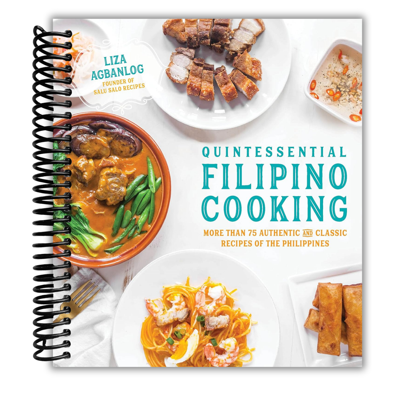 Cookbook titled 'Quintessential Filipino Cooking' with images of Filipino dishes on the cover.