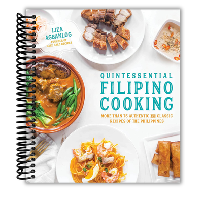 Cookbook titled 'Quintessential Filipino Cooking' with images of Filipino dishes on the cover.