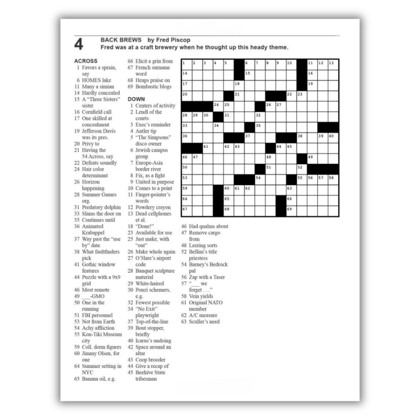 Crossword #4: Back Brews by Fred Piscop