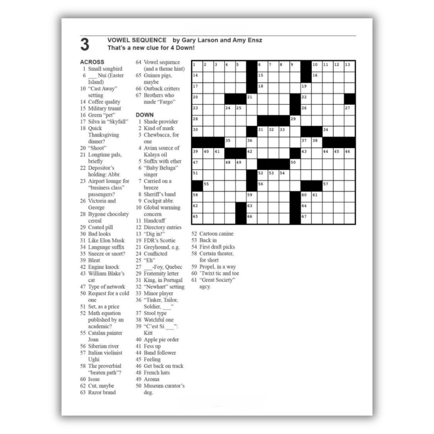 Crossword #3: Vowel Sequence by Gary Larson and Amy Ensz