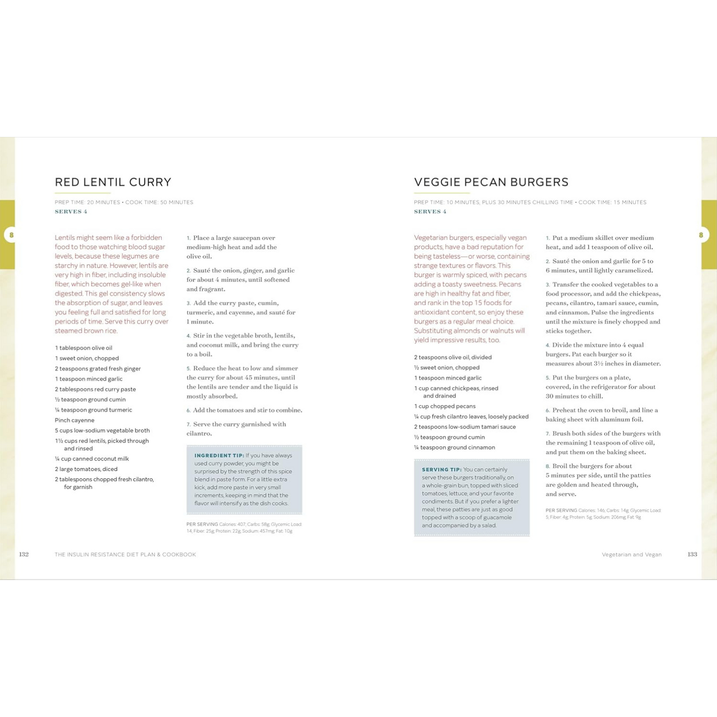 Pages 132 to 133: Red Lentil Curry & Veggie Pecan Burgers