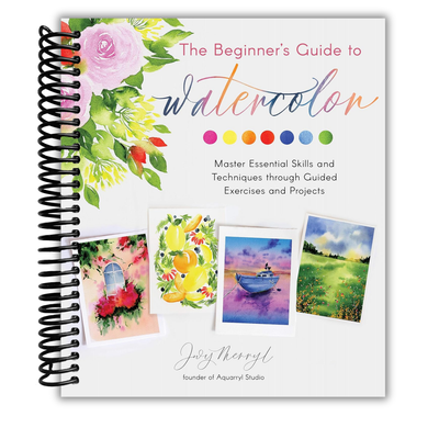 Book titled 'The Beginner's Guide to Watercolor' with watercolor illustrations on a white background