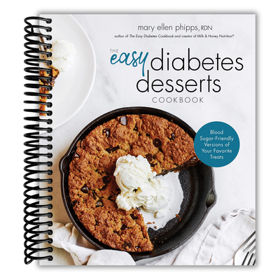 The Easy Diabetes Desserts Cookbook with a dessert and ice cream on a white background.