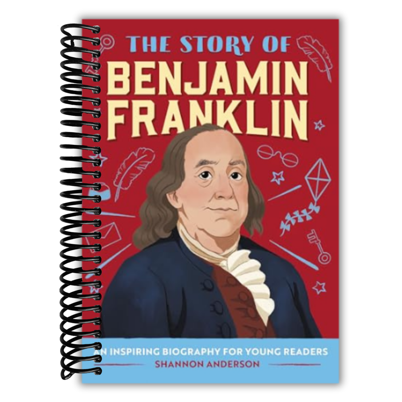 Book cover ofThe Story of Benjamin Franklin with a red background and illustrations.