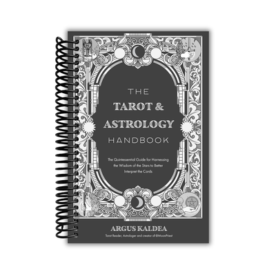 Spiral-bound book titled 'The Tarot & Astrology Handbook' by Argus Kaldeea on a white background