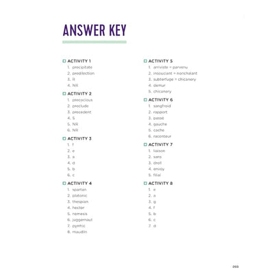 Answer key with activities and their corresponding answers