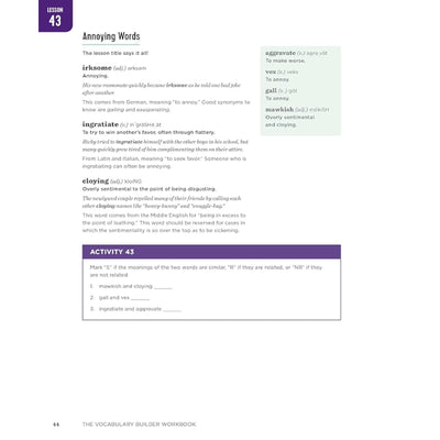 Page from a workbook with vocabulary definitions and an activity question.
