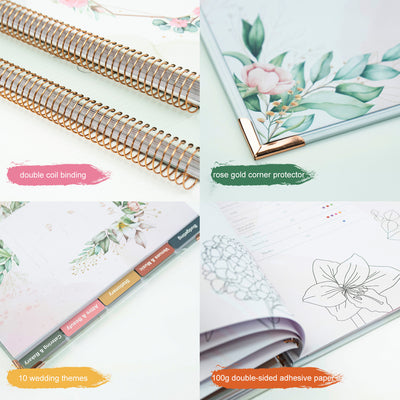 Features: double coil binding, rose gold corner protector, 10 wedding themes, and 100g double sided adhesive paper