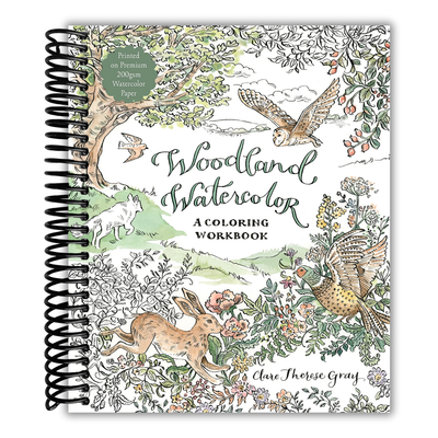 Woodland Watercolor coloring workbook Cover with nature-themed illustrations on a white background