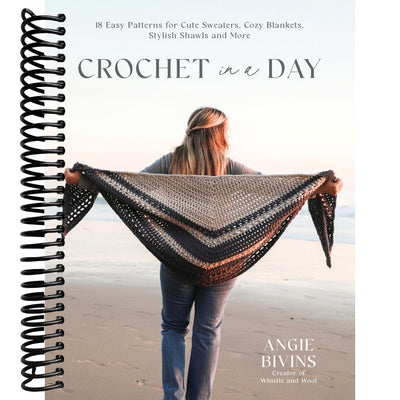 Book cover of 'Crochet in a Day' by Angie Bivins with a person holding a crocheted shawl on a beach.