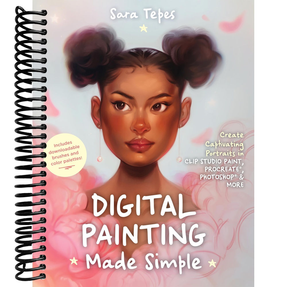 Book cover of 'Digital Painting Made Simple' by Sara Tepes with a digital painting of a woman's face.