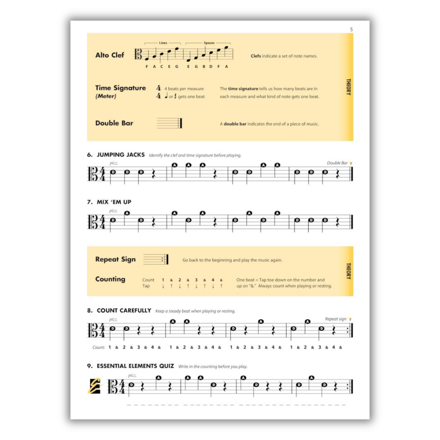 Page 5 (Exercises: Jumping Jacks, Mix 'Em Up, Count Carefully, and Essential Elements Quiz)