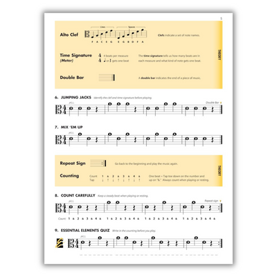 Page 5 (Exercises: Jumping Jacks, Mix 'Em Up, Count Carefully, and Essential Elements Quiz)