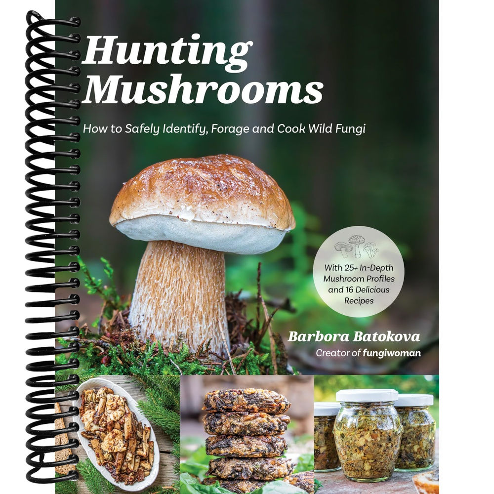 Book cover of 'Hunting Mushrooms' with a mushroom and cooking images on a green background