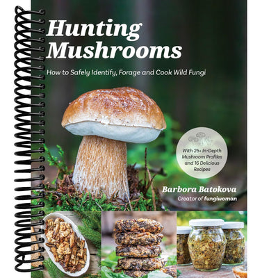 Book cover of 'Hunting Mushrooms' with a mushroom and cooking images on a green background