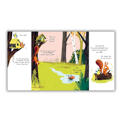 Page showing squirrel looking for the missing leaf