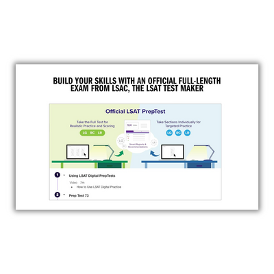 Inside page saying "Build your skills with an official full-length exam from LSAC, the LSAT test maker"