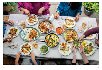 Pages 142 to 143: Picture showing different kinds of dishes on a table (Chicken, Seafood, Pork, etc.)