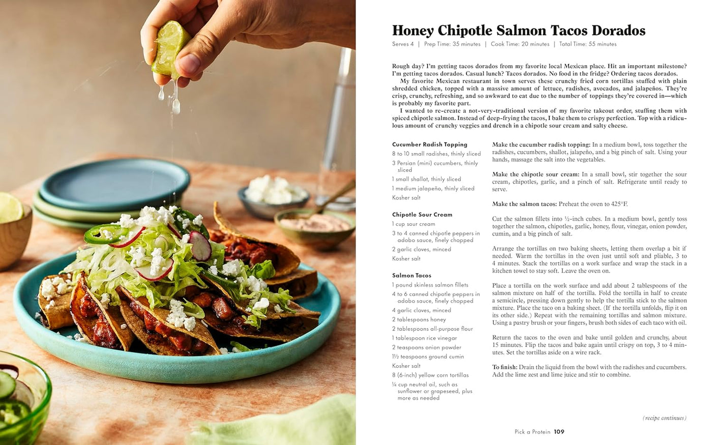 Page 109: Honey Chipotle Salmon Tacos Dorados