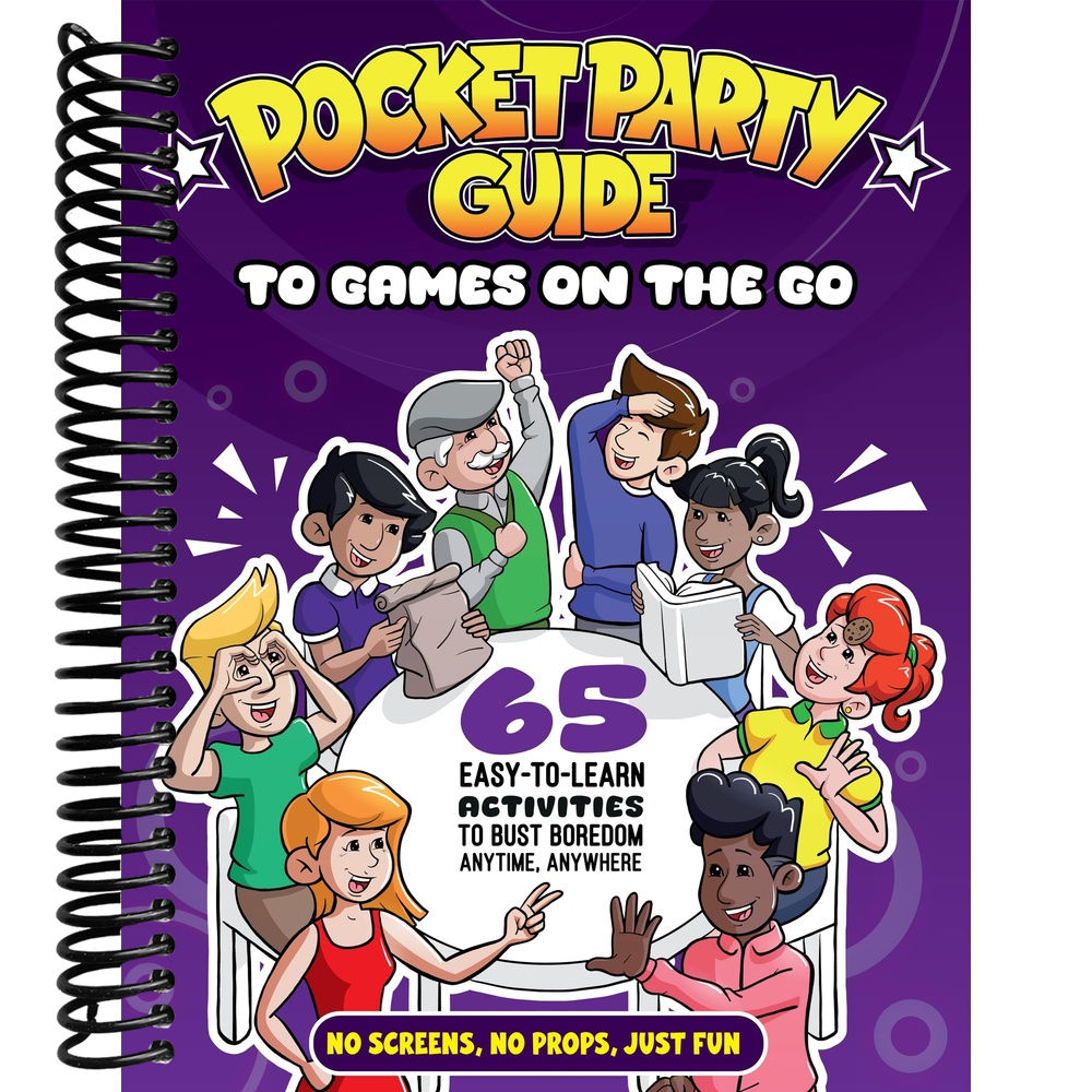 Children's activity book titled 'Pocket Party Guide to Games on the Go' with cartoon characters on a purple background.