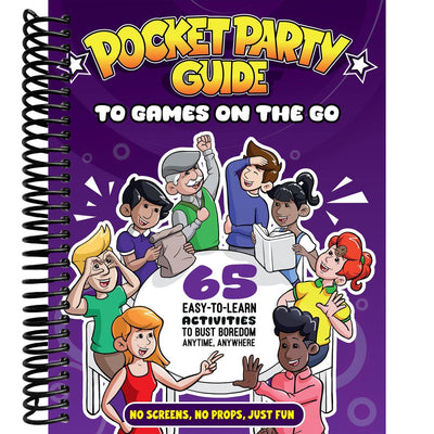 Children's activity book titled 'Pocket Party Guide to Games on the Go' with cartoon characters on a purple background.