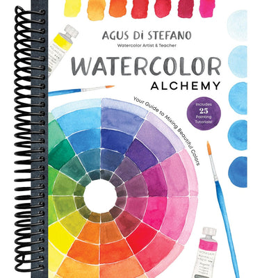 Book titled 'Watercolor Alchemy' by Agus Di Stefano with color wheel and painting tools on cover